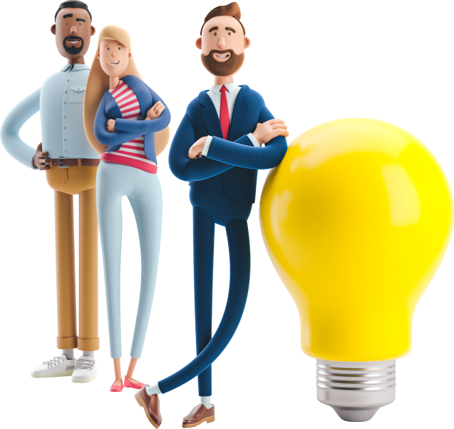 Three animated business leaders leaning against a light bulb representing new ideas