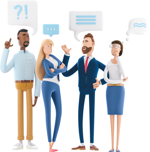 Four office workers with speech bubbles indicating they are having a conversation
