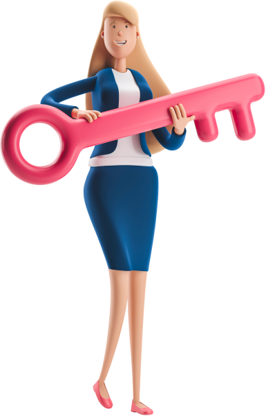 An animated woman in a business suit holding a key